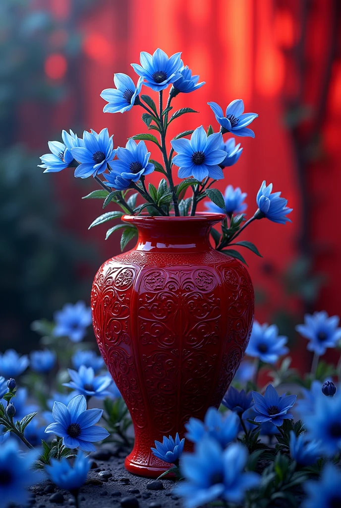 3d effect for red and blue glasses, a vase in a garden, red filter is, vibrant red palete vase and blue colors, detailed blue flowers inside and around the vase, photorealistic, 8k, hyperdetailed, dramatic studio lighting, masterpiece, professional digital art