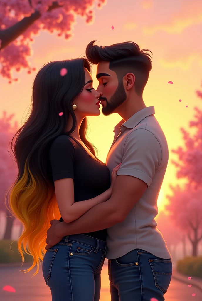 Disney Pixar style in love, Disney Pixar style, woman with Arab features and white man with small mustaches and a beard. The man should have short hair and the woman should be the same height as the man.. The woman is a bit voluptuous with yellow highlights in her long dark hair and he is a bit full now they must be giving each other a romantic kiss she with jeans and a black shirt and he with jeans and a short-sleeved shirt both should have medium build a little full the man should not be so nice the woman yes she is very good like you made her the man is a little shorter than her