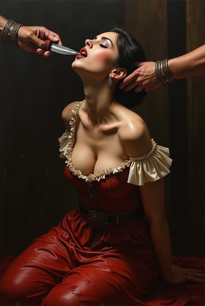 (best quality,8k,masterpiece,throat slit:1.2), medieval,ultra-detailed,oil painting,hyper realistic,expressive brushstrokes,female queen with large bust kneeling, looks like Salma Hayek, bloody barbarian man slits her throat with knife from behind her, bleeding, bloodied neck, dramatic lighting,chiaroscuro,dark moody atmosphere,gritty,gore,cinematic, (bloody throat slit:1.5), bloodstained breasts 