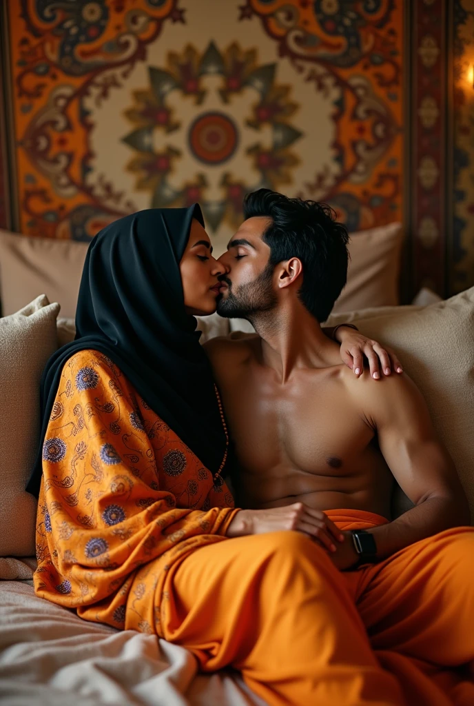 muslim women wearing saffron saree black hijab with , with muscular Hindu pandit on bed doing kiss, hand on hip