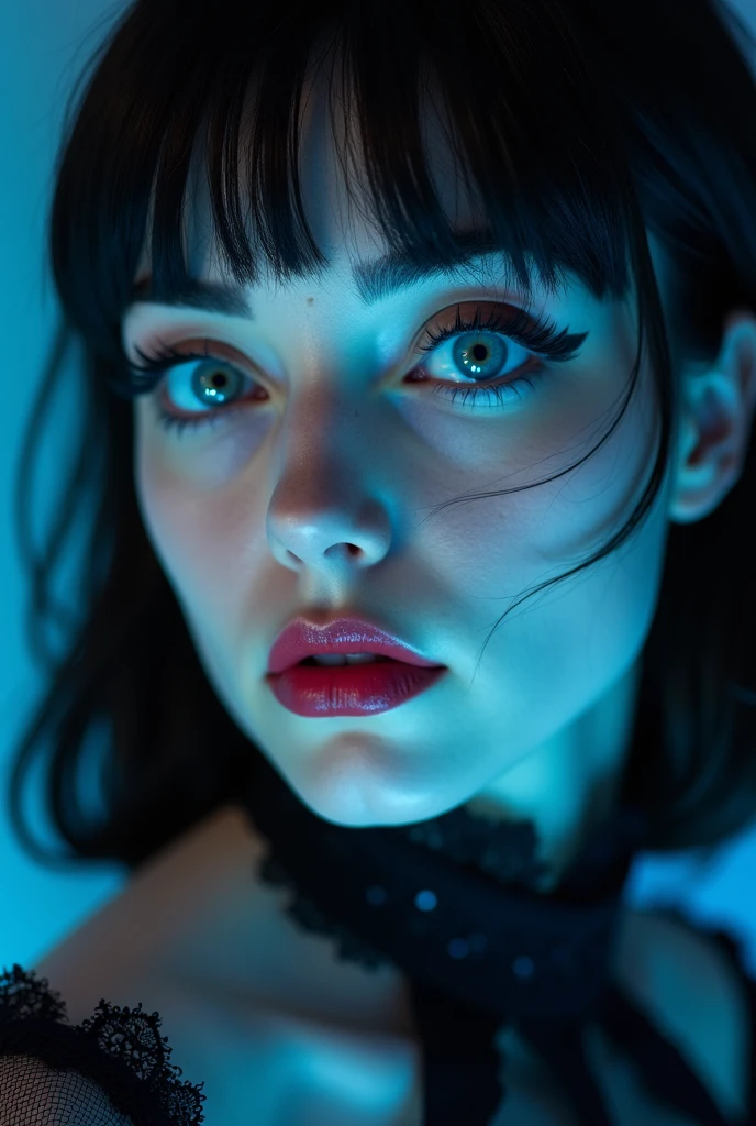 (Photorealism:1.1) goddess of hell, half-turn portrait, Close-up, Blue eyes, pale skin, black hair color, high detail portrait, high skin detail, high lace collar, red neon lighting, without double exposure, Without flowers, European facial features