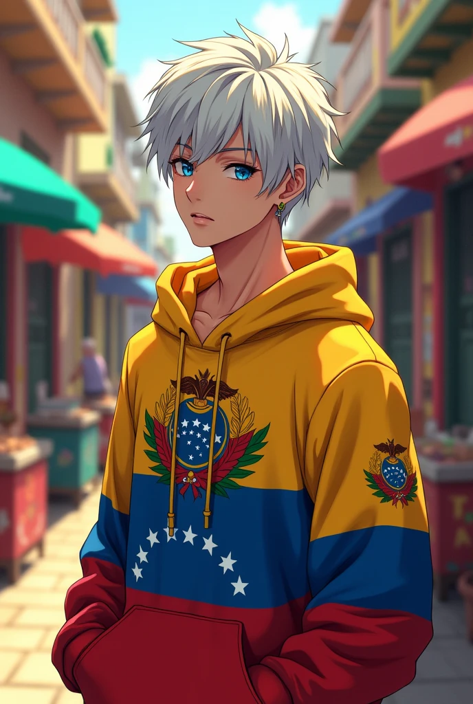 A white-haired male anime character with a sweatshirt and something Venezuelan