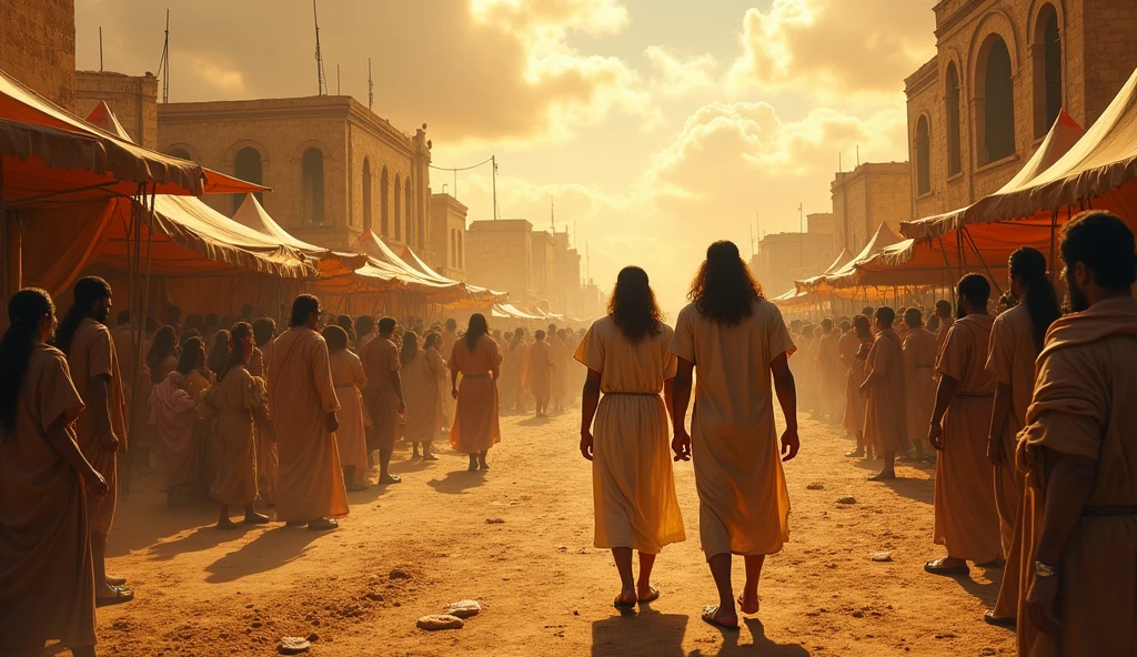 "A vibrant scene of the ancient city of Sodom, captured in rich detail. two mens, who are in fact angels in disguise, they approach the city gates. They are clothed in simple tunics, typical of the time, with leather sandals. One of them has long, flowing hair, while the other has a more robust and imposing appearance. The city in the background is a representation of depravity, With dusty streets, tents and shops selling various goods. The faces of the inhabitants reflect an atmosphere of excess and debauchery, with scenes of wild parties and immoral behaviors visible nearby. The dawn sky creates a striking contrast, adding an atmosphere of tension and foreboding. The image should evoke a sense of duality, between the innocence of the angels and the corruption of the city."