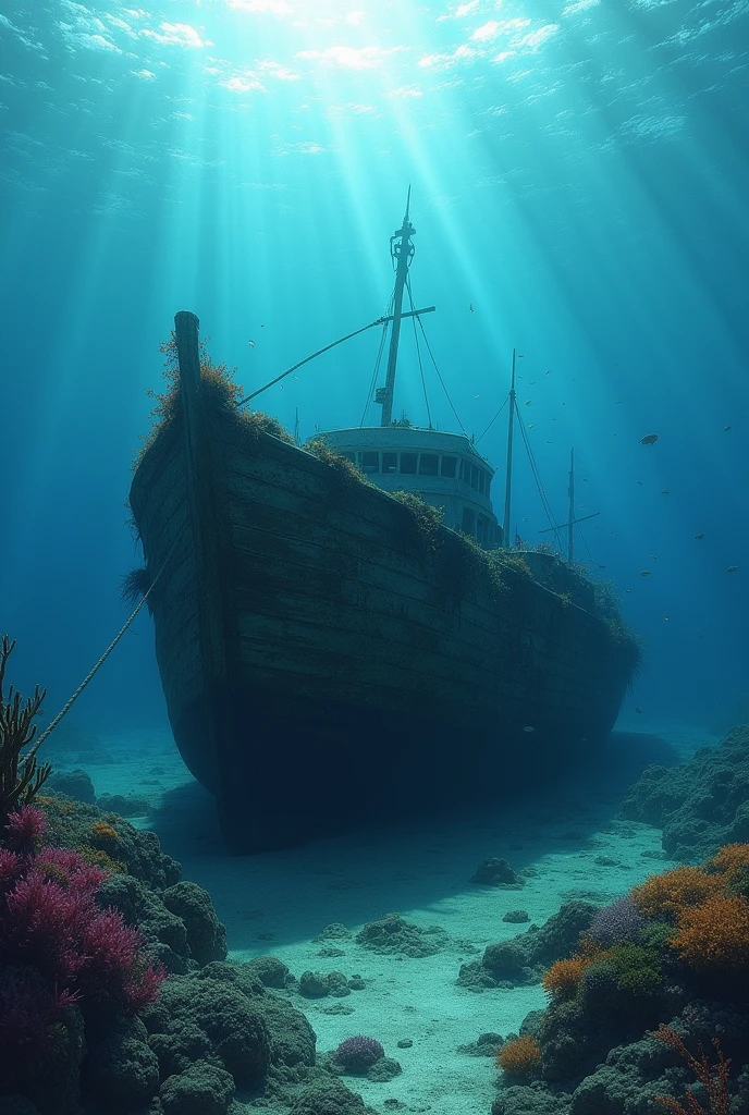 Painting of a shipwrecked boat at the bottom of the sea
