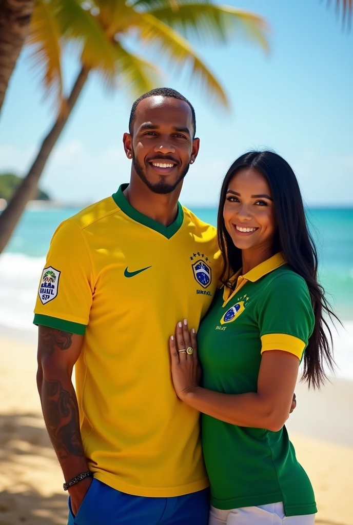 Lewis Hamilton wearing a Brazil shirt next to his Brazilian girlfriend with straight black hair.