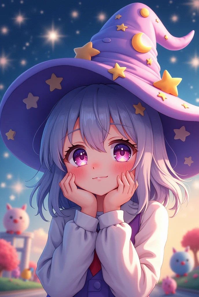 Cute girl, wizard hat, with hands under the chin anime