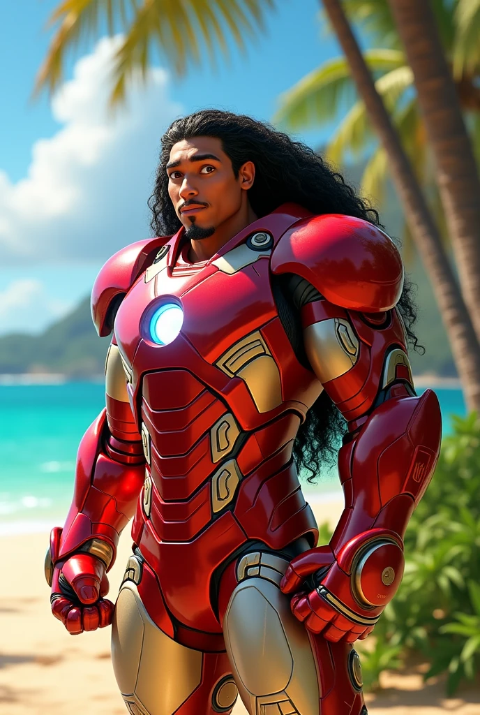 Maui from the cartoon moana with his long hair his big body and his funny face , who has been inspired by Tony Stark's suit, infact maui wears iron man suit