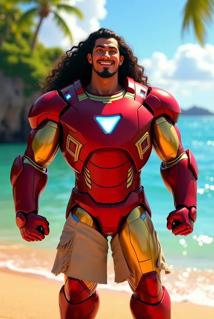 Maui from the cartoon moana with his long hair his big body and his funny face , who has been inspired by Tony Stark's suit, infact maui wears iron man suit 