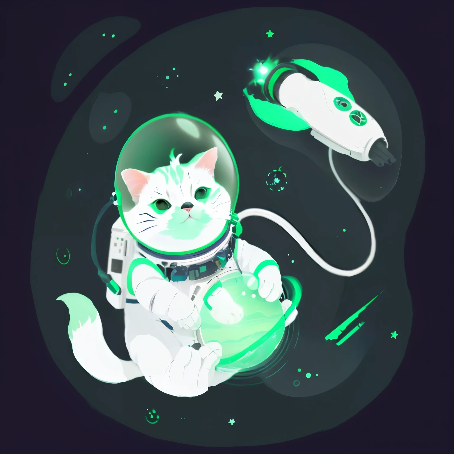 copy this image of an astronaut cat in space holding a green gas planet inside a cosmic dust bubble, o background deve ser transparente