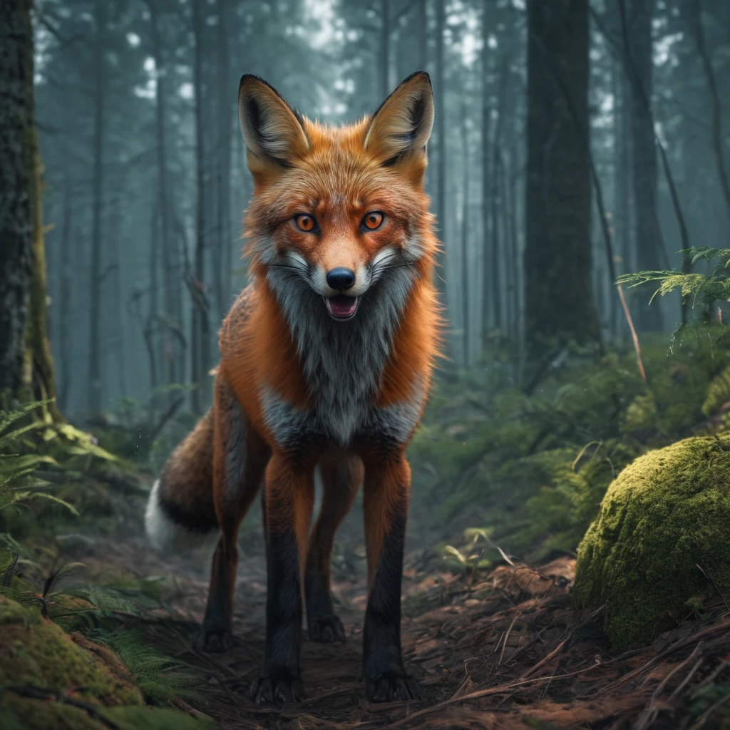 a red fox with red eyes walking through a forest, concept art, furry art, digital fox, the screaming fox, red eyed fox, three-tailed fox, sharp fox teeth, realistic, photorealistic, 8k, highres, masterpiece, ultra-detailed, vibrant colors, dramatic lighting, cinematic, hyperrealistic, award-winning, by Adam Marczyński, trending on cgsociety, wojtek fus