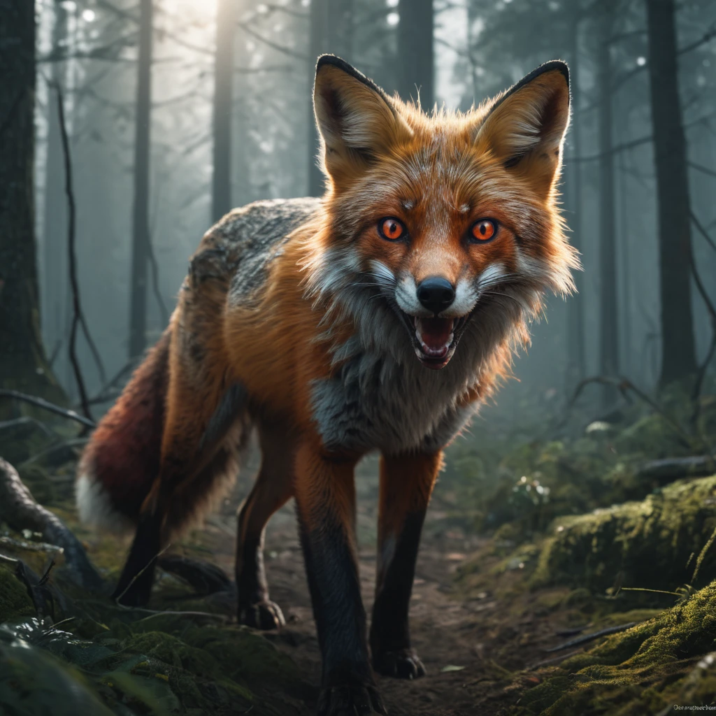 a red fox with red eyes walking through a forest, concept art, furry art, digital fox, the screaming fox, red eyed fox, three-tailed fox, sharp fox teeth, realistic, photorealistic, 8k, highres, masterpiece, ultra-detailed, vibrant colors, dramatic lighting, cinematic, hyperrealistic, award-winning, by Adam Marczyński, trending on cgsociety, wojtek fus