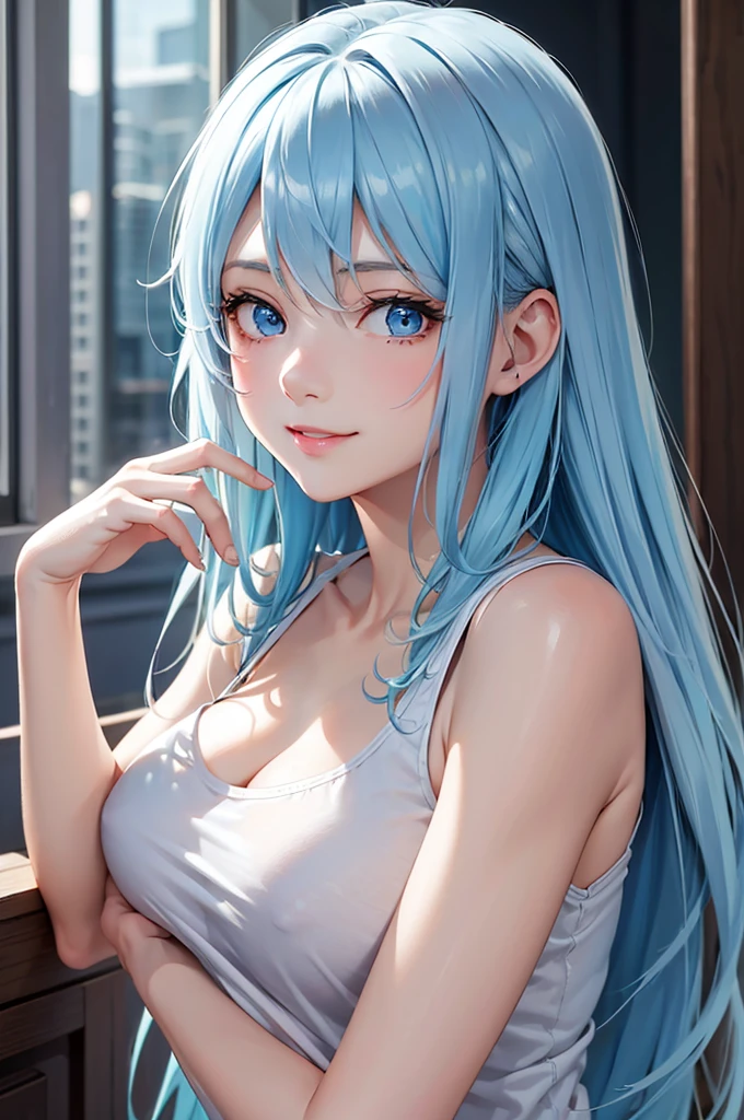Best Quality,High resolution,8k,finelity detailed background,Masterpiece:1.2),beautiful girl,Shiny light blue hair,messy hair,Light blue eyes,Gentle look,A refreshing look,smile,Best quality,Best Quality,Aesthetic and aesthetic:1.2,Best details((Super detailed))(High-definition CG illustrations),Tank top,Sportswear,Slender body,Inside the room,smile,blush,cute,Scrounge,Looking up,Being spoiled,super model