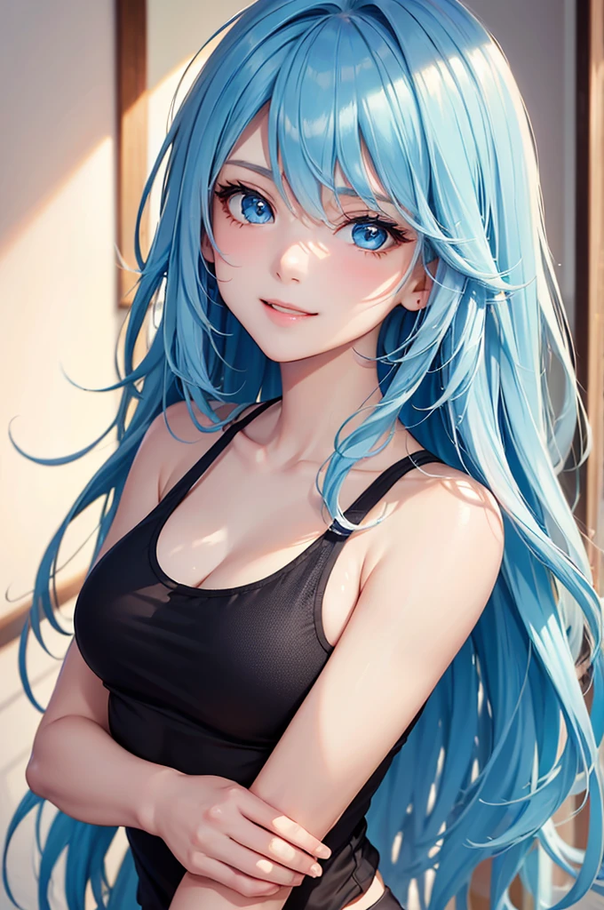 Best Quality,High resolution,8k,finelity detailed background,Masterpiece:1.2),beautiful girl,Shiny light blue hair,messy hair,Light blue eyes,Gentle look,A refreshing look,smile,Best quality,Best Quality,Aesthetic and aesthetic:1.2,Best details((Super detailed))(High-definition CG illustrations),Tank top,Sportswear,Slender body,Inside the room,smile,blush,cute,Scrounge,Looking up,Being spoiled,super model
