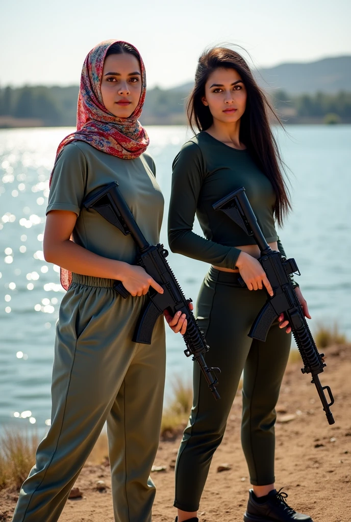 There are two girls. One is wearing a headscarf, 23, There are 1.A girl with a closed neck, 60 years old, short, another girl 25 years old, black long hair, 1.They should be 80 cm tall, strong and agile, have full-length photos of two cousin girls side by side, be sporty but not revealing, have long clothes, have long hair, have an M24 gun in the girl's hand, have photos taken in BALIKLI LAKE, URFA