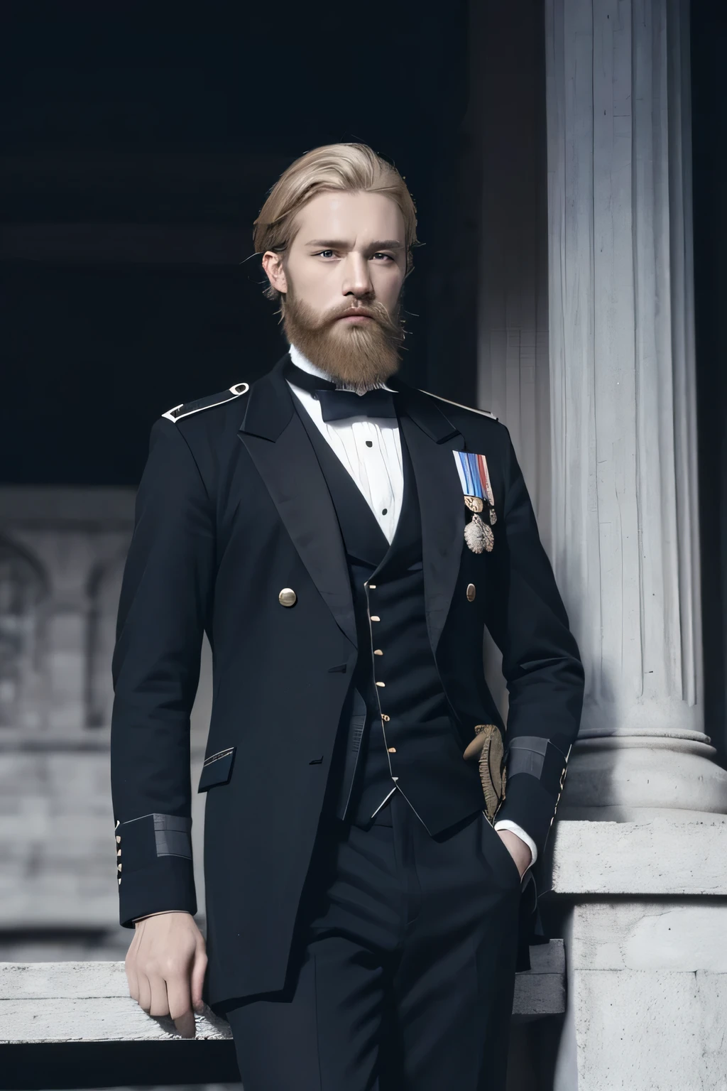 Blue-eyed man, blond, bearded, flat nose, military clothes, suit, mid-19th century, heroic pose, palace balcony in the background, 19th century photo, black and white photo, studio photo