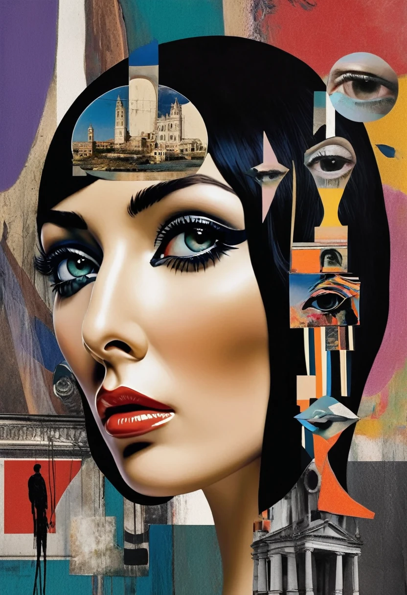 Monica Bellucci themed, Surreal and strange dislocation art：Collage, There are many different things on the faces, somber colors, Geometric Dislocation, Hollow, Artistic sense, Painting, paint, Simple, effect, Collage, Conceptual art, Dadaism, psychedelic 
