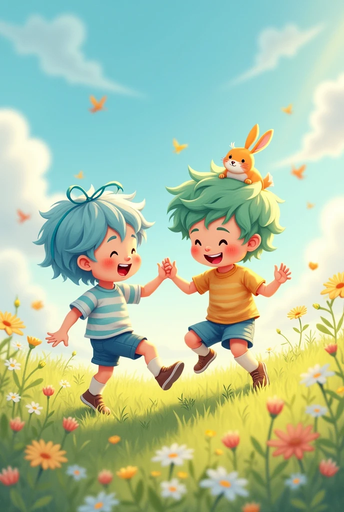 A sweet-faced boy with light blue hair and a blue ribbon on his head is playing with a boy with light green hair and a rabbit on his head who has a mischievous look.