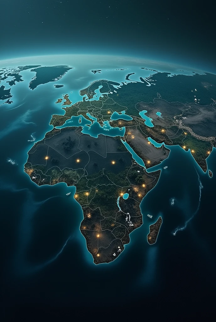 Create a world viewed from above with all the continents joined together, and on each continent there is a translucent cylindrical barrier.. make in night map style, in an apocalyptic style