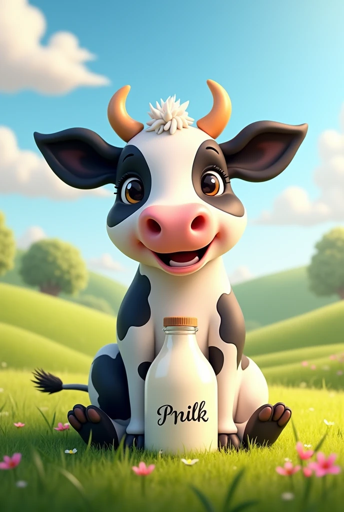 Cute black and white cow sitting animated not in 3D with long eyelashes with a bottle of milk Below with the word ProbioActive in cursive letters