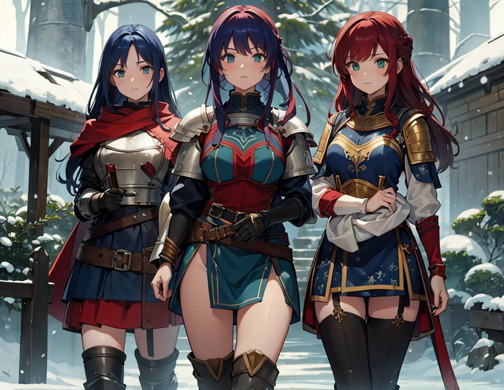 a beautiful young redhead medieval girl warrior in blue armor, light armor, red hair, hair tied in a ponytail, green eyes, slender body, beautiful woman, snowy background, snowy forest in the background, full body , long skirt ,



