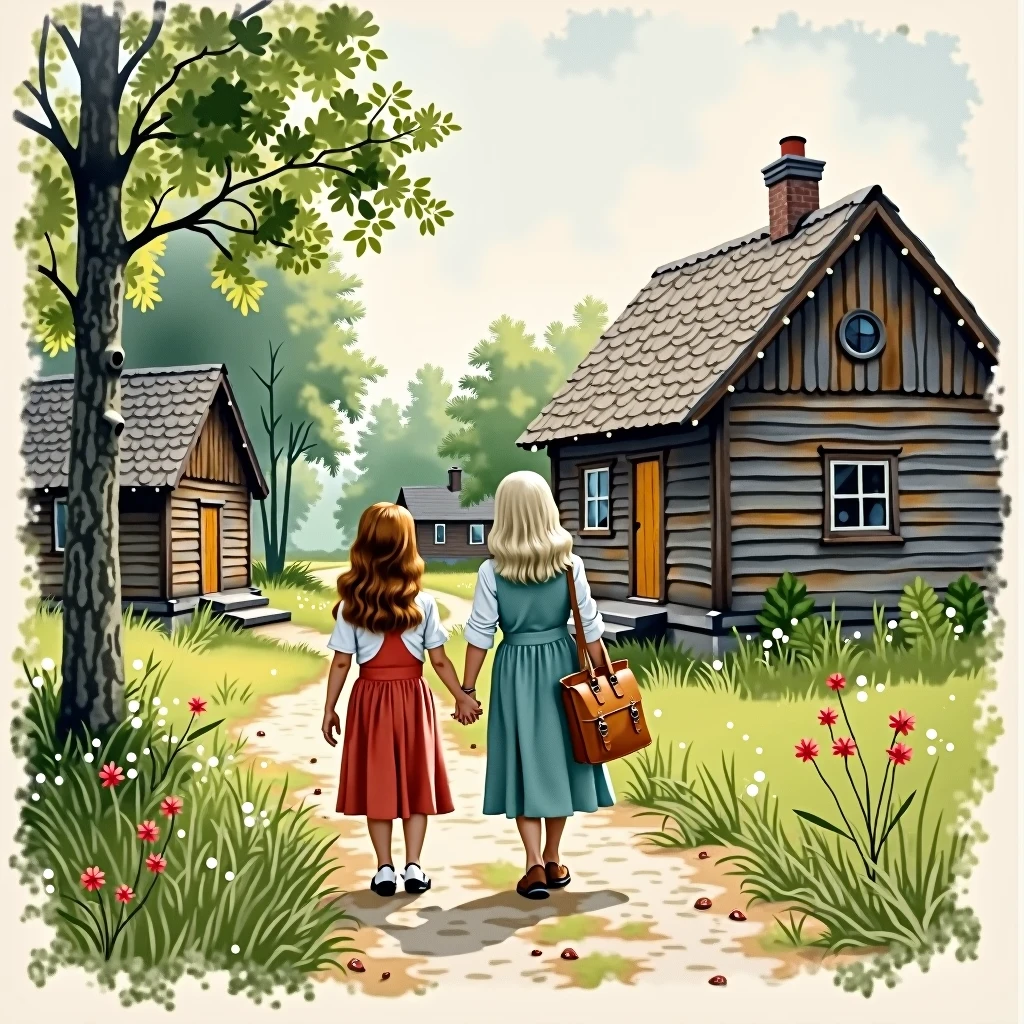 Watercolour picture of girl and her grandmother walking through few wooden hauses in small village to the forest in 1945 year. They keeps hands and girl has a bag in one hand. They are talking. The view shoul be from back side of them. 