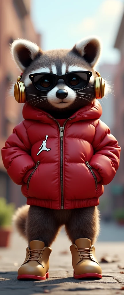 A captivating, 3D render of a fluffy baby raccoon exuding remarkable confidence and swag, ready to take on the world. Dressed in a trendy red Nike Jordan bubble jacket with a striking design, beige boots, and black sunglasses that highlight its cool demeanor, this raccoon stands tall. Its eyes sparkle with determination, and it dons a set of golden headphones, further amplifying its chic and stylish appearance. The urban street fashion combined with whimsical fantasy elements creates a playful atmosphere, inviting us to explore this unique urban-meets-fantasy world. The photograph captures the perfect blend of adorable, fashionable, and empowering imagery, leaving a lasting impression on the viewer., conceptual art, photo, 3d render