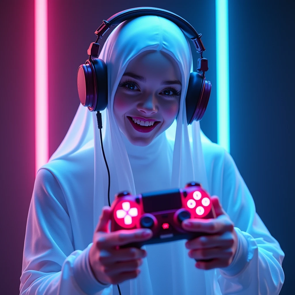 ((best quality)), ((masterpiece)), (detailed), ghost with headphones, holding a gaming controller, high res, ultrasharp, 8k, masterpiece, looking at camera,, transparent background, androgynous, smiling, gaming logo