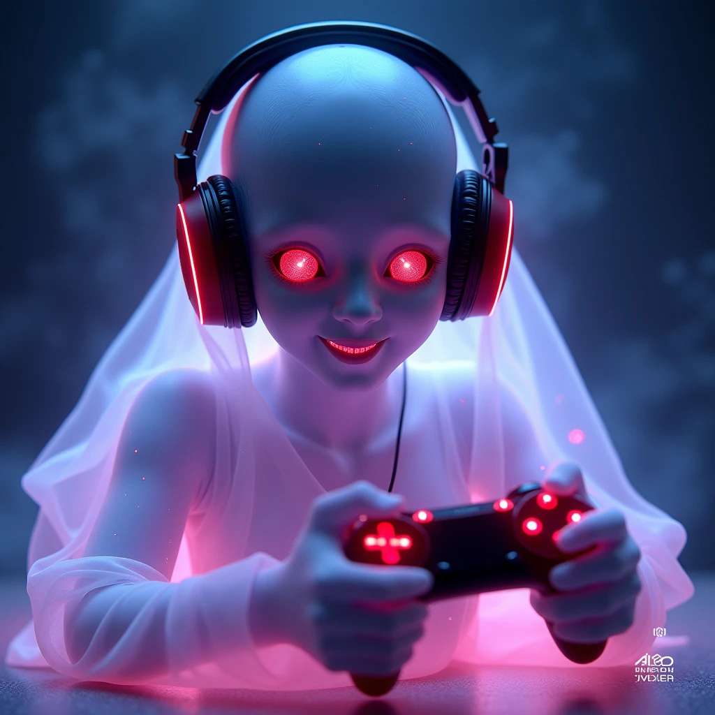 ((best quality)), ((masterpiece)), (detailed), ghost with headphones, holding a gaming controller, high res, ultrasharp, 8k, masterpiece, looking at camera,, transparent background, androgynous, smiling, gaming logo