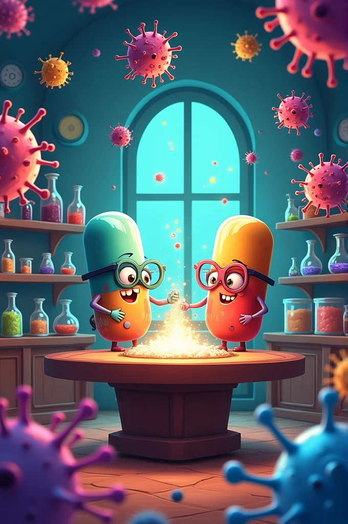 A cartoon of a laboratory, full of viruses in the air, with flashing lights,and there is a table that in the center has a super bacteria being created, around this table there are 2 scientists, but they aren't human, they're giant medicine pills, wearing scientist glasses and with an evil smile