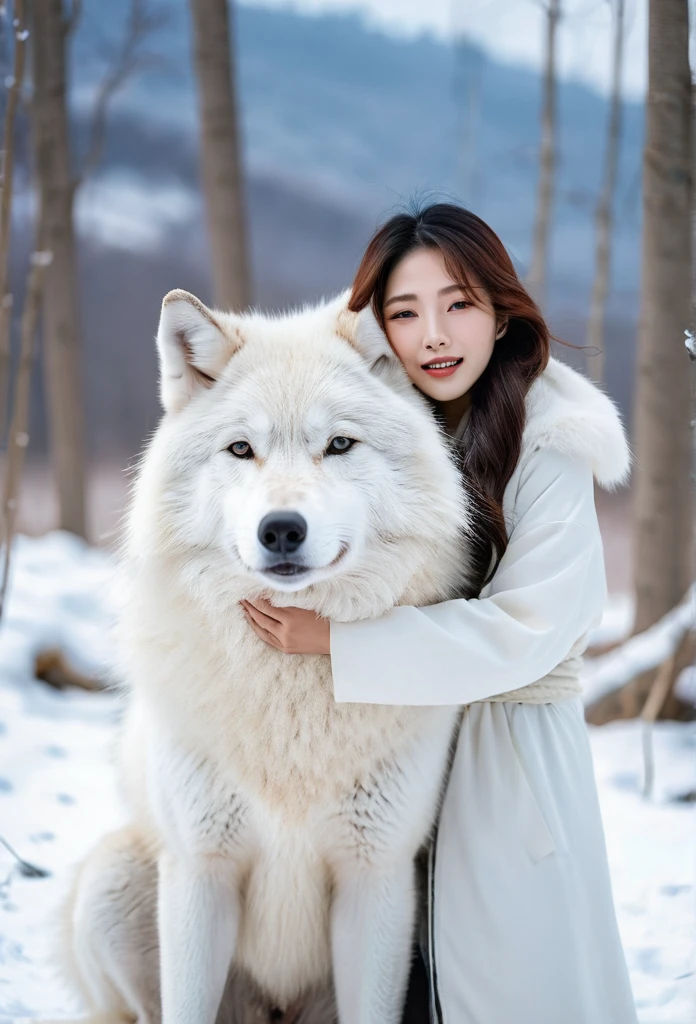 Beautiful Korean woman hugs a big white wolf next to her in a snowy field., It's snowing.