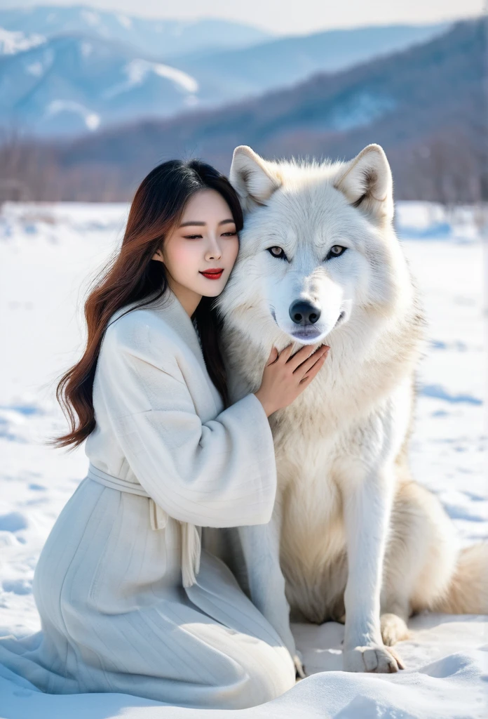 Beautiful Korean woman hugs a big white wolf next to her in a snowy field., It's snowing.