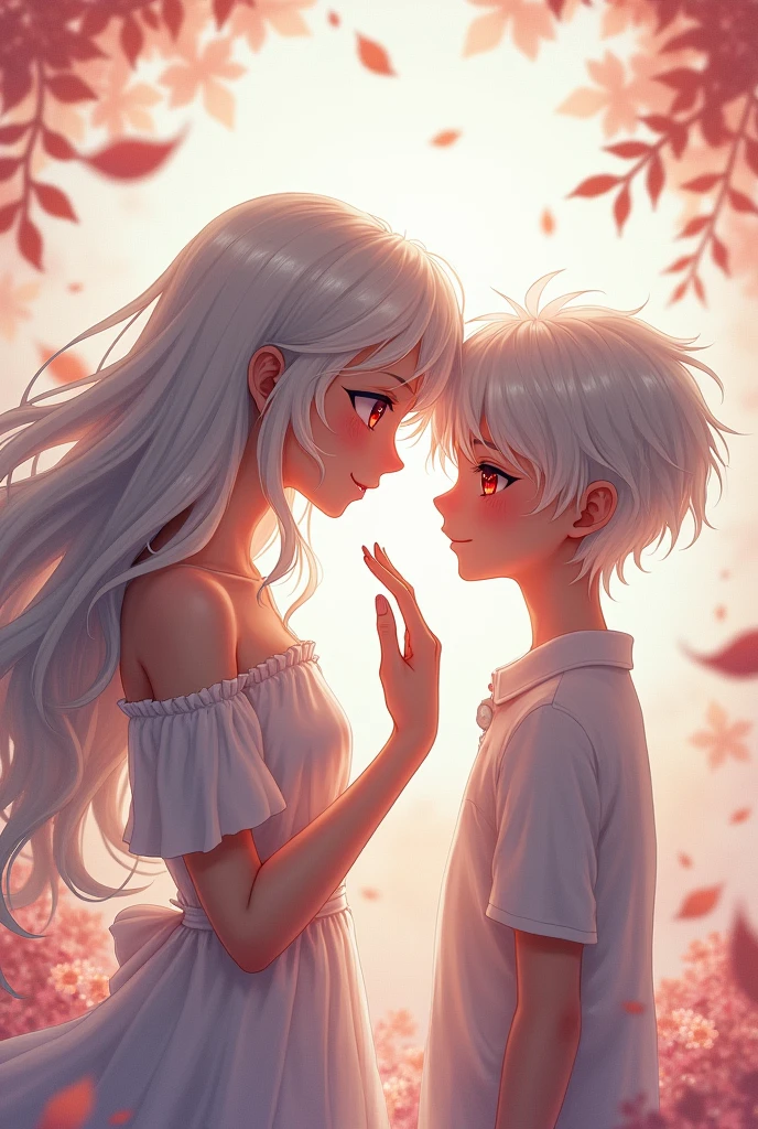 Make a woman with white hair resting her finger on the forehead of a teenage boy with white hair and red eyes..
anime styling.