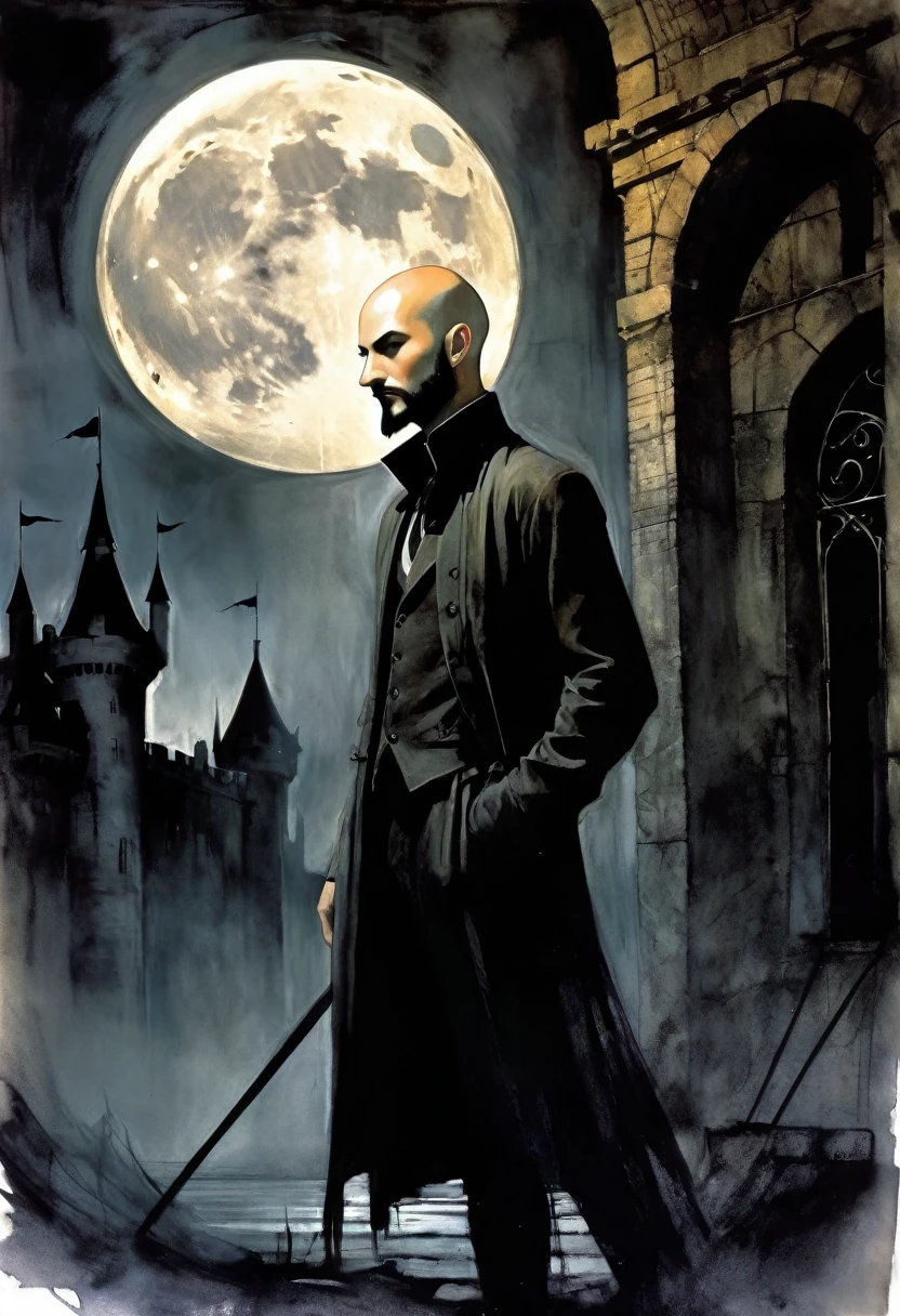 young man, very thin, bald, with black beard, magician, wrapped in dark energies,moon, castle, black and white image, between shadows, oil painting, chiaroscuro, dramatic lighting, moody atmosphere, photorealistic, intricate details, masterpiece, ultra-detailed, high quality, 8k, best quality, realistic, cinematic, dark and brooding, expressionistic, powerful composition, emotional impact, art inspired by Bill Sienkiewicz and Dave McKean