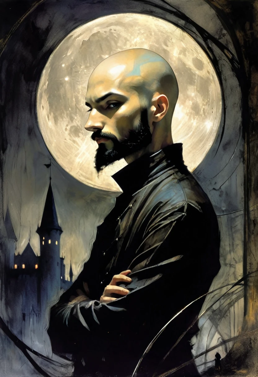 young man, very thin, bald, with black beard, magician, wrapped in dark energies,moon, castle,  black and white image, between shadows, oil painting, chiaroscuro, dramatic lighting, moody atmosphere, photorealistic, intricate details, masterpiece, ultra-detailed, high quality, 8k, best quality, realistic, cinematic, dark and brooding, expressionistic, powerful composition, emotional impact, art inspired by Bill Sienkiewicz and Dave McKean
