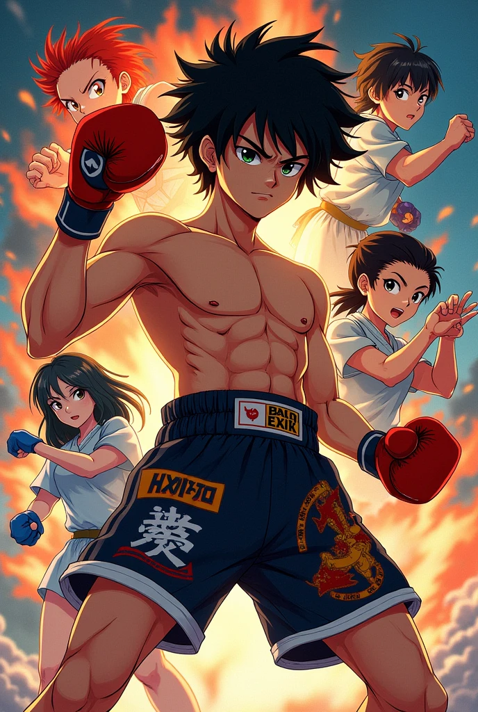 A muay Thai short that has the Rock Lee characters on it, black mouth,Kyojuro Rengo, Zenitsu, Tankiro&#39;s look like when he had it against Daki and Sukuna, kind of like a collage