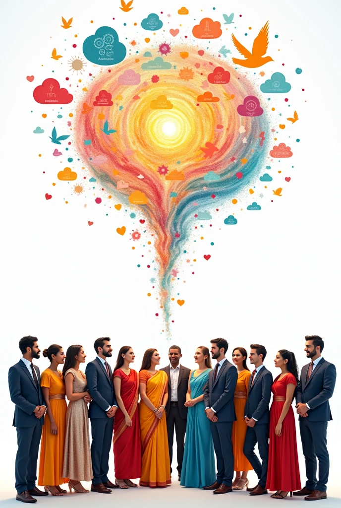 A group of people from different nations communicating with each other, and their thoughts above them, which all merge into one united whole on a white background.