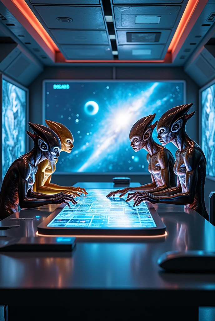 In a futuristic laboratory, Four aliens are gathered around a table filled with holographic screens and data