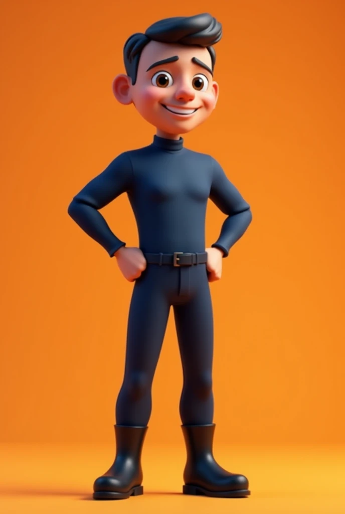 Create a 3D adult mascot with the appearance of a 30-year-old man, light brown, thin, with a slightly thin face and a slightly thin chin, brown eyes, medium height, dark blue uniform without a logo or details, and black boots. , and also with short hair and a little bald with a slightly thin nose 