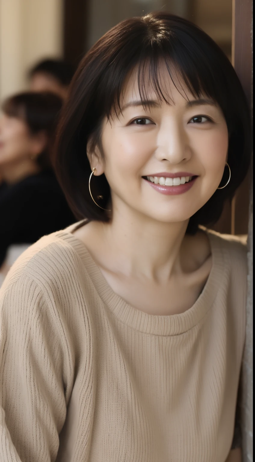 Osaka's aunt、Organic Photography、Highest quality、masterpiece、Ultra-high resolution、Beautiful Japanese old lady、60 years old、Looking at the audience、Elegant face、Smiling with teeth showing、Big Breasts、Wearing a plain short-sleeved knit、Wavy Hair、mini skirt、Earrings、A corner of a coffee shop, Background Blur