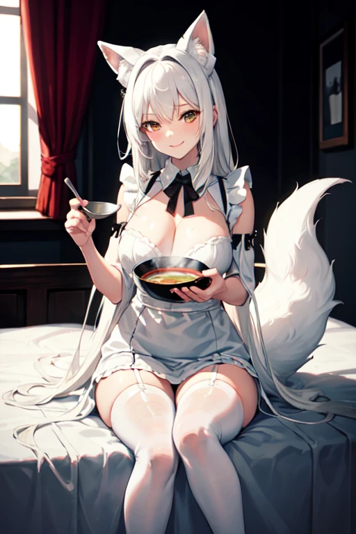 female, white and fluffy fox ears, white and fluffy fox tail, attractive, white maid outfit, white thigh highs, dark and scary walls in the back, sitting on big and dark but comfy bed, holding a bowl of warm soup, motherly smile, 33 years old