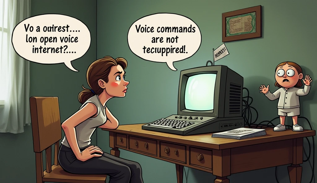 Background and setting: A room with ordinary furniture and a table, on which the old computer stands. There is a chair next to the computer, Where a woman sits with a worried expression on her face.
Characters:
woman: Appearance can be made expressive, to show её растерянность. She can stand with her hands on her hips and tilt her head slightly, As if she's desperate.
computer: Old model with big buttons, screen and wires. You can add a little comic expression, to emphasize, that he "doesn't listen".
scene:
A masterpice: Smiling restrainedly, Standing next to the computer. You can draw it with an expressive gesture, As if he's explaining to the woman, That the computer cannot recognize voice commands.
Dialogue bubbles: woman говорит: "Open the internet!", And in response to this, an empty cloud or just a chilling look can come out of the computer, to show, that he "doesn't listen".
Elements of humor: Add some small details, to emphasize комичность ситуации — например, Touched, But an unsolved flag with the inscription "Voice commands are not supported" On the computer screen. Russian language captions