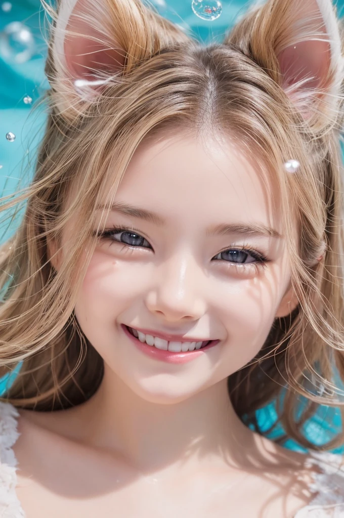 (1. Kitten: 1.3), ((best quality:1.3)), ((masterpiece:1.3)), ((detailed background:1.3)), ((A kitten with a happy smile:1.3)), Amazing visuals, No humans, Focus on animals, Open your mouth, View your viewers, (1 White Kitten)、In Boolean, bubble, swimming、Kitten swimming in the pool, (happy smlle:1.3), Glitter, lame, Double Exposure, Diamond particles, Delicate details, pink, Light color,