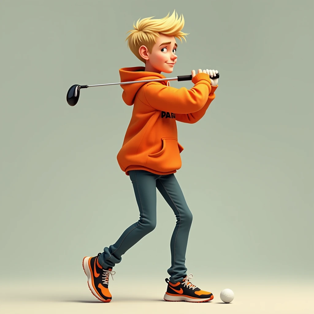 Highly detailed image in the Pixar animation style of a male character named Be. Be is , from the Netherlands, has short blonde hair with a crest, wearing skinny jeans with an oversized orange hoodie with the word 'Paul' in smaller text, and black and orange Nike trainers. He is making a golf swing, with a golf ball in front of him.
