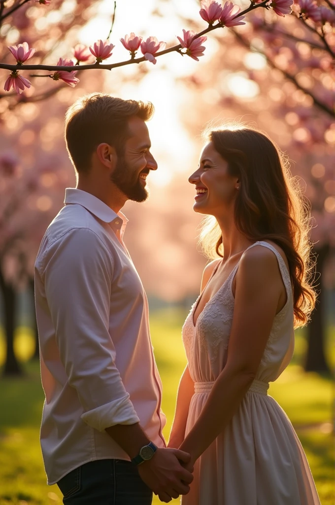 Couple holding hands smiling at each other
