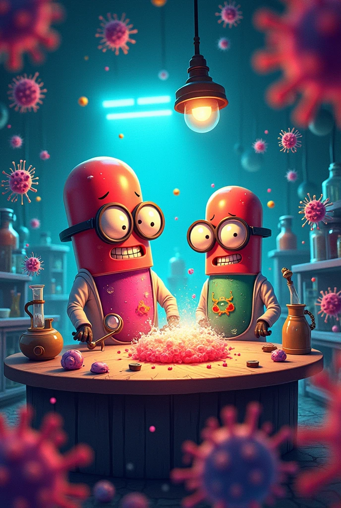 A cartoon of a laboratory, full of viruses in the air, with flashing lights,and there is a table that in the center has a super bacteria being created, around this table there are 2 scientists, but they aren't human, they're giant medicine pills, wearing scientist glasses and with an evil smile
