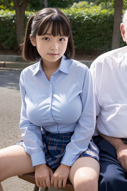 1 schoolgirl, 10-year-old, sit in lap, old man, 2 people, big breasts, the park, unbutton shirt, nude