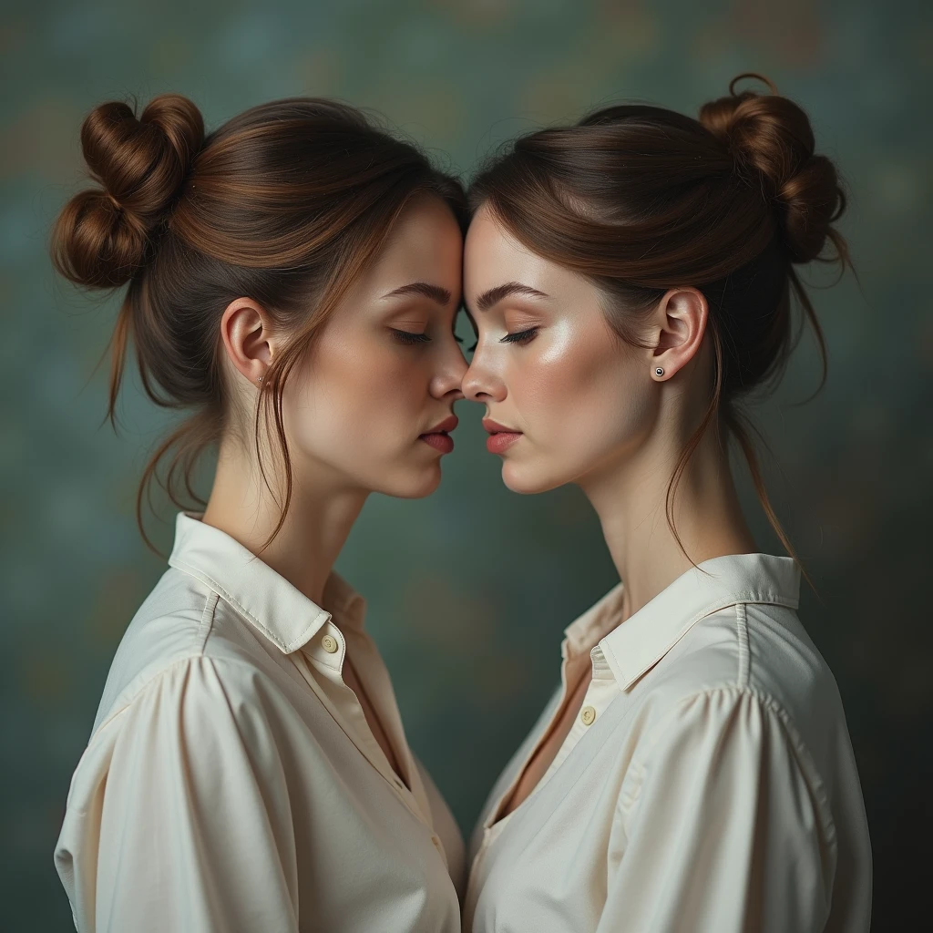 2head conjoined woman, heads close together facing forward