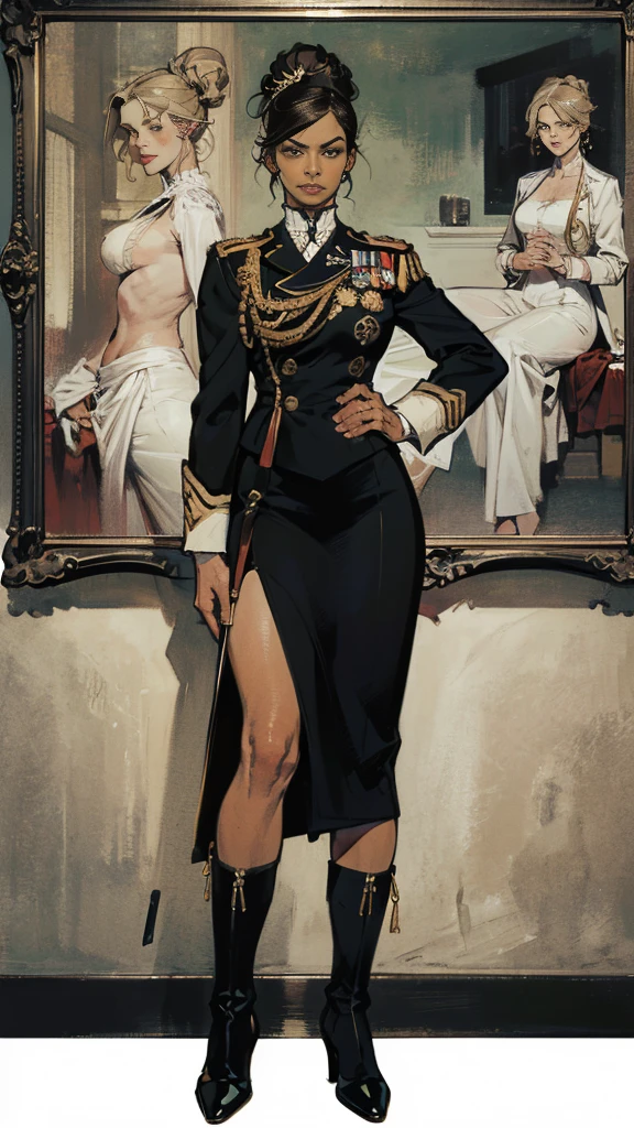 (Best quality, 4K, high resolution, masterpiece, ultra-detailed, realistic anatomy, photo-realistic:1.37), alluring mature woman, high-ranking military officer, (wearing Prussian Field Marshal uniform), (black double-breasted jacket adorned with medals), (matching pencil skirt), Prussian field marshal cap, black stocking, heel boots, chestnut hair, elegantly styled in a chignon bun, standing authoritatively while holding the Field Marshal's baton, This full-body portrait captures her formidable presence and power, with sharp focus on her uniform's intricate details, her numerous medals, and her intense gaze, The image evokes an aura of experience, discipline, and supreme authority, set against an impressive military headquarters backdrop,