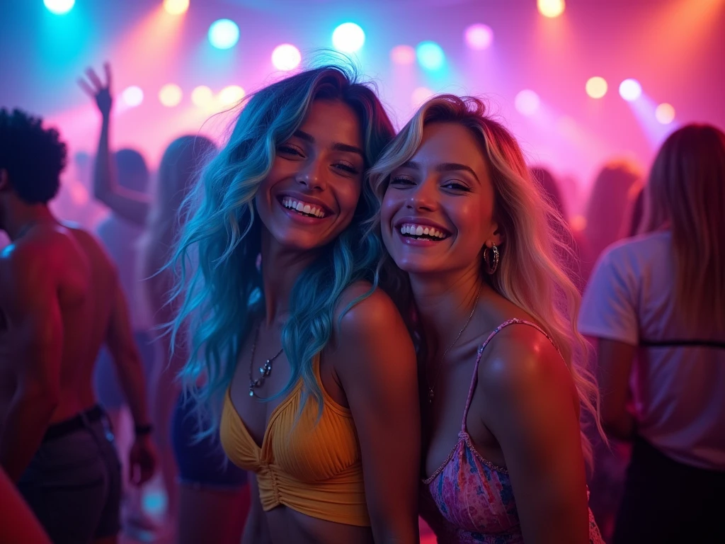 a beautiful biracial latina woman long wavy light blue hair light blue eyes big large breasts dance moves with a beautiful white woman blond hair in dance club, lot of people behind, disco light , good vibes, smile and laugh, put her hands up