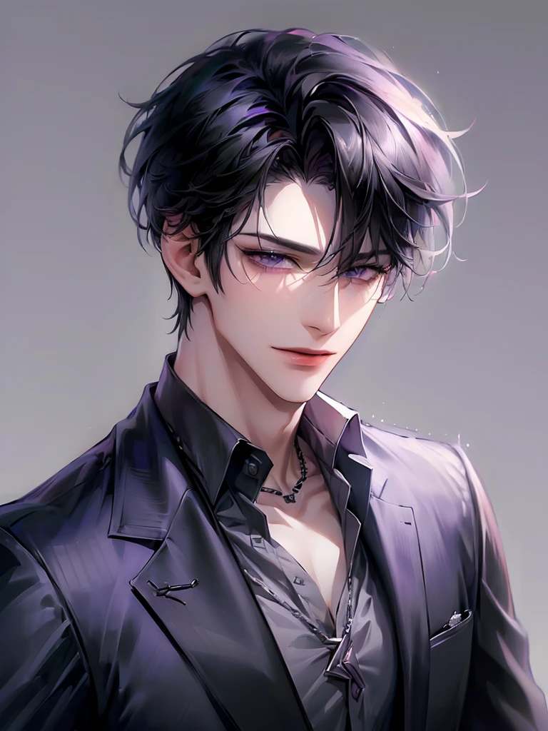 (masterpiece, 8k, high quality, best quality:1.6), 1boy, solo, short hair, black hair, asymmetrical fringe, purple eyes, handsome, sharp eyes, (mature male, mature:1.2), male focus, fashionable, tucked in open purple collared shirt, gray pants, necklace, close up, smile, long eyelashes, soft shadows, perfect anatomy